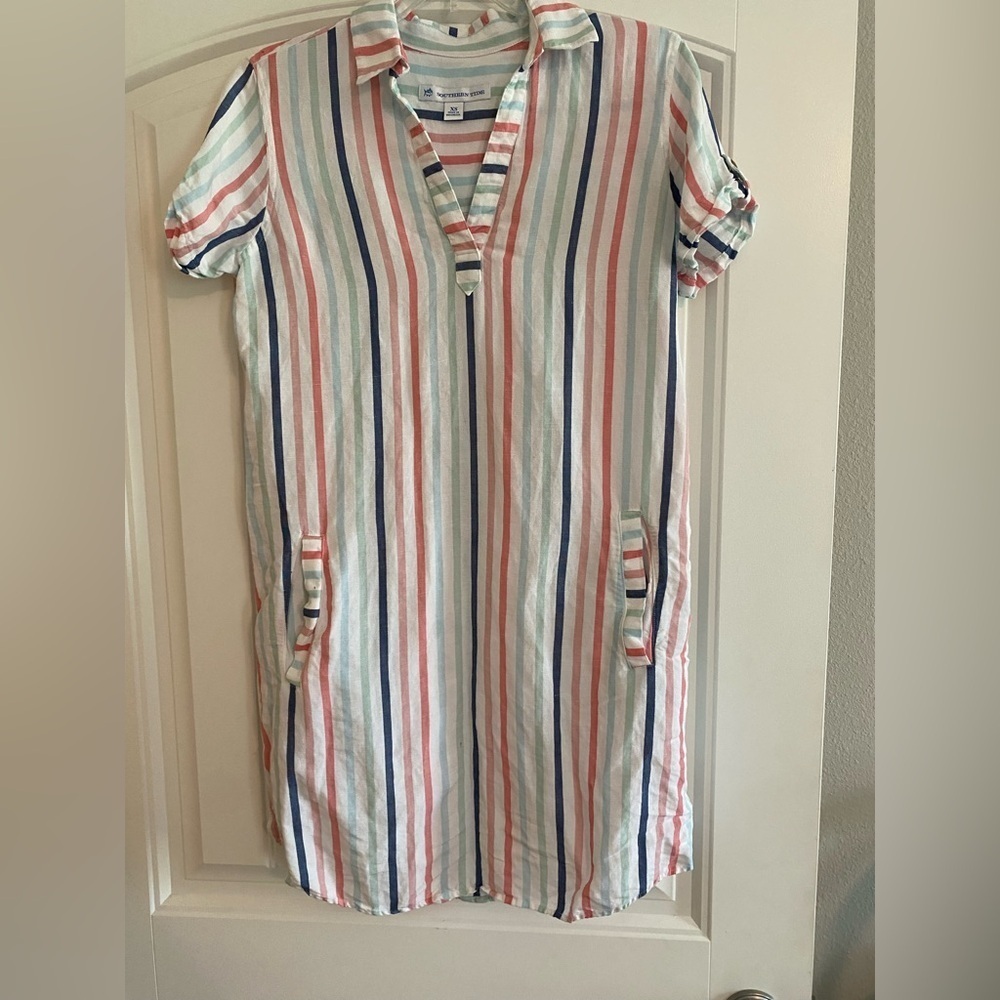 Southern Tide Classic White Pastel Kamryn Linen Blend Striped Dress SZ XS